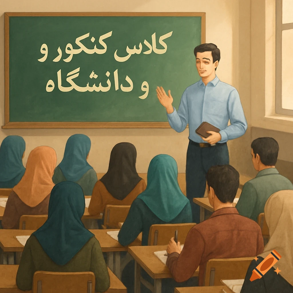 An illustration of a teacher lecturing students in a classroom with writing on the blackboard.