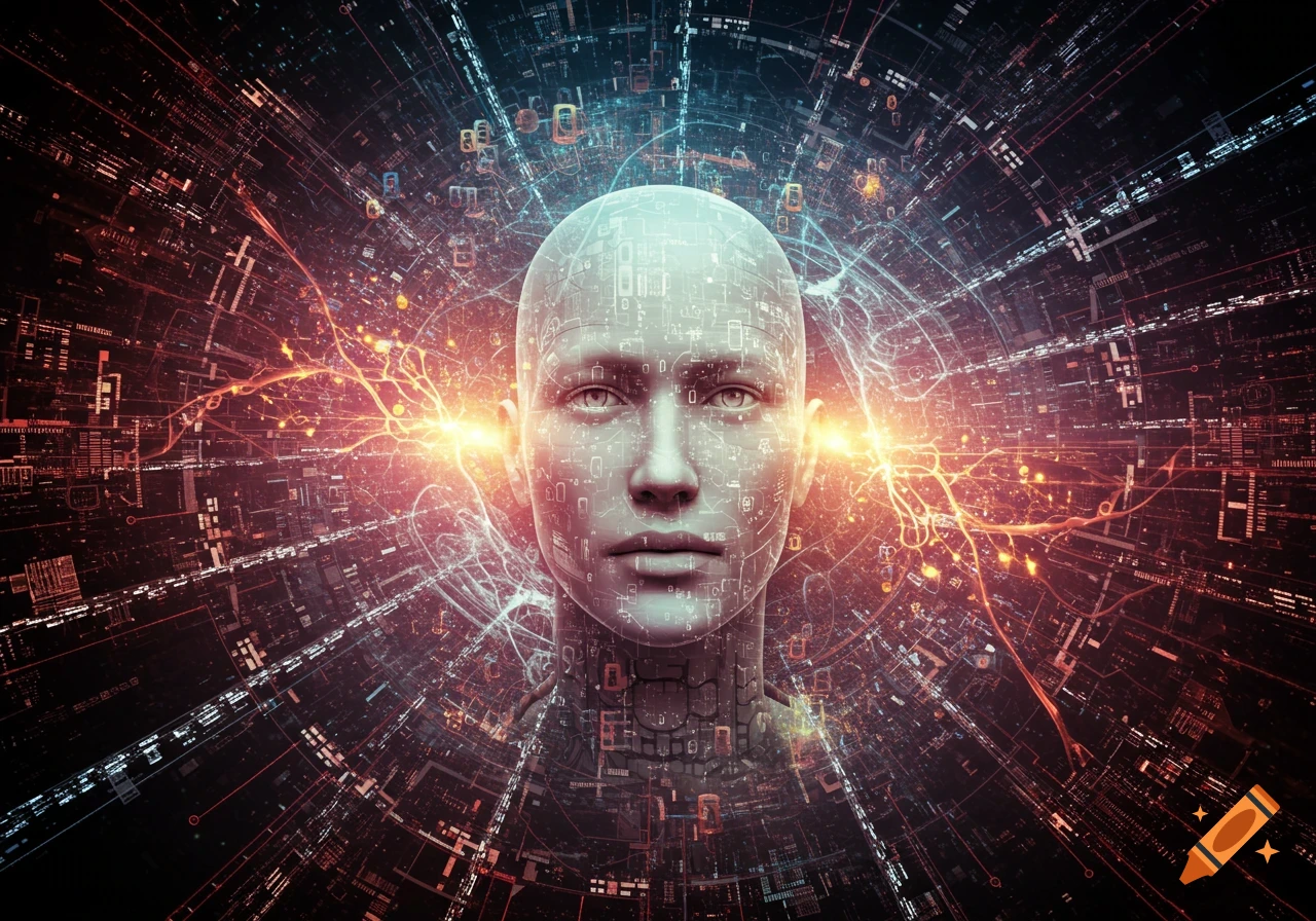Digital art portrait of a head covered in circuit patterns amidst glowing data streams.