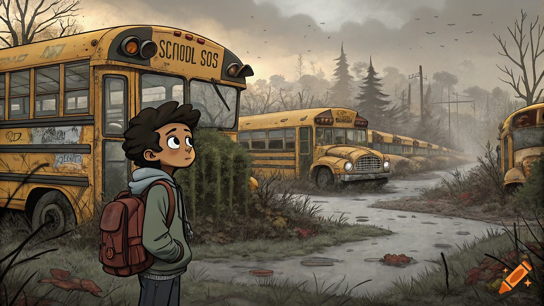A young boy with a backpack stands in front of abandoned school buses in an overgrown, somber school bus graveyard, in webtoon style.
