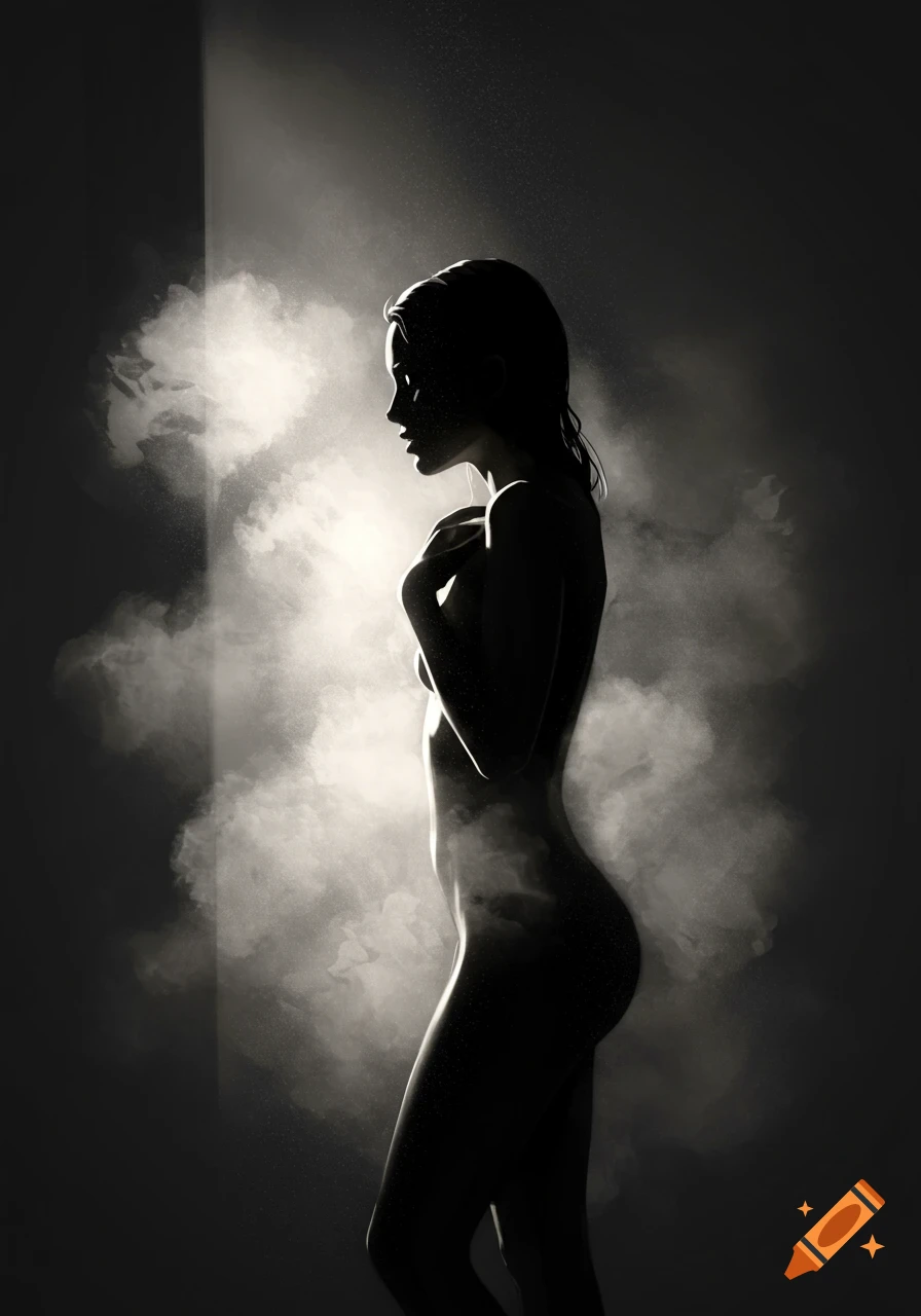 Silhouette of a woman standing in steam, artistic sketch style.