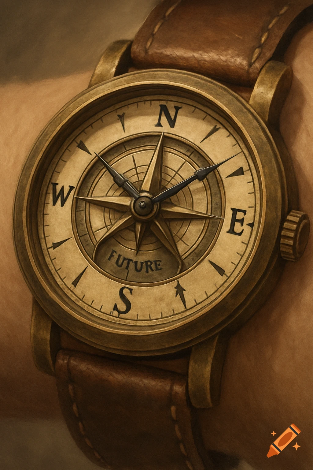 Close-up of a vintage-style wrist watch with a compass face marked N, S, E, W, and 'FUTURE'.