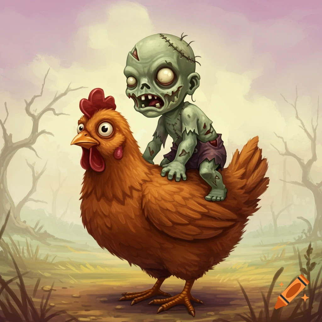 A cartoon baby zombie rides on the back of a chicken.