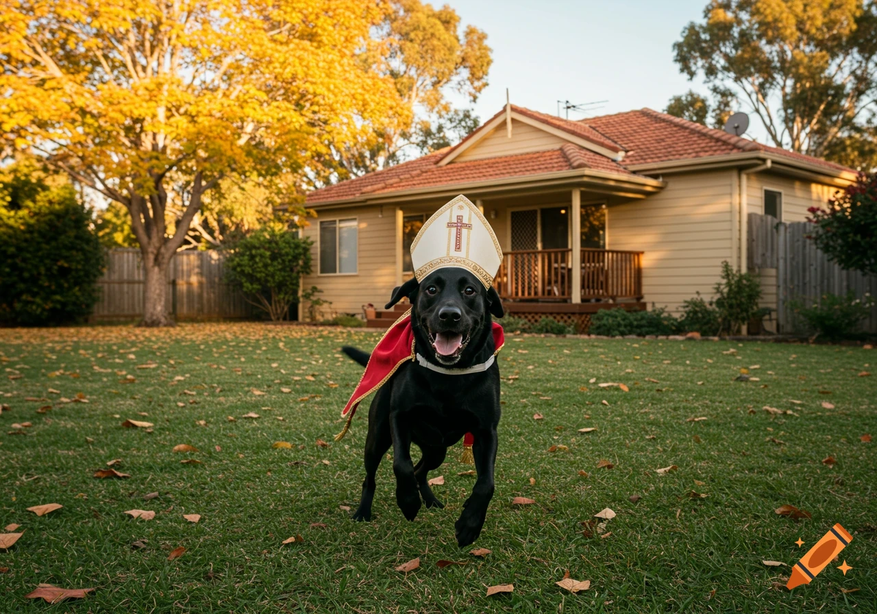 A black labrador dog wearing a papal hat and red cape runs across a grassy yard with autumn leaves.