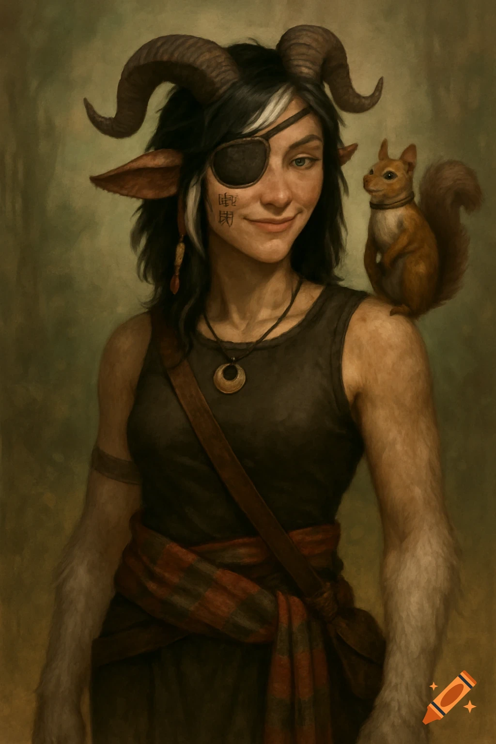 A female faun with an eyepatch and squirrel on her shoulder, painted style.