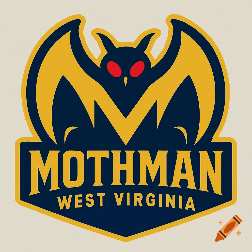 Logo featuring a Mothman figure in navy blue and gold forming the letter M, with text MOTHMAN WEST VIRGINIA below.
