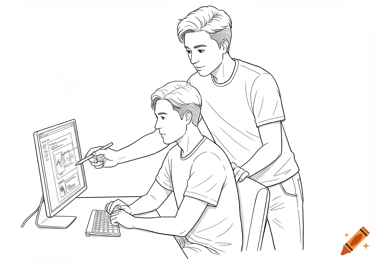 Two people look at a computer screen, one points, black and white ...