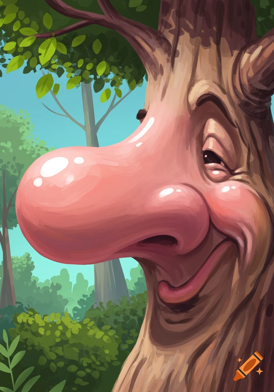 Illustration of a tree trunk with a giant nose and smiling face in a forest.