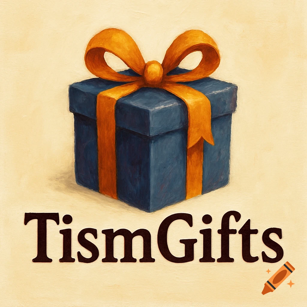 A blue gift box with an orange ribbon is centered on a textured background, with the text "TismGifts" below it, in a painterly style.