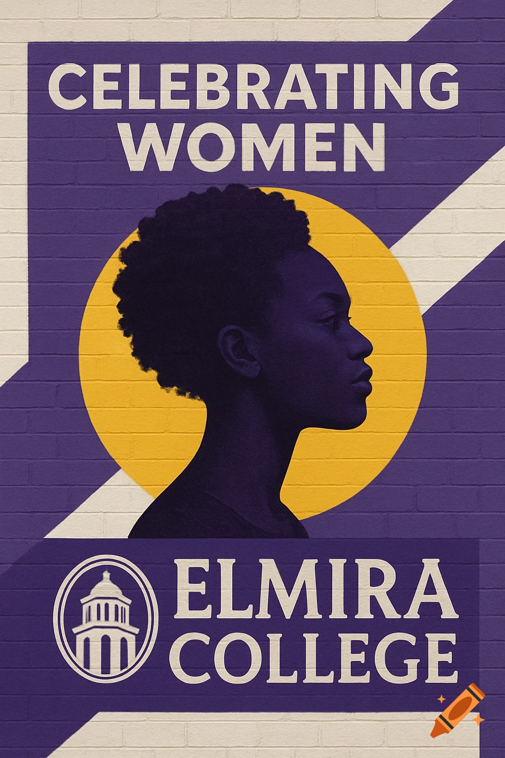 A mural on a brick wall with text "Celebrating Women" and "Elmira College", featuring a woman's profile silhouette.
