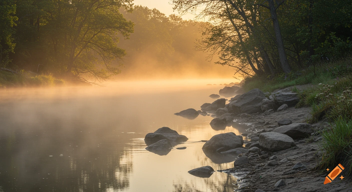 Misty sunrise over a riverbank with rocks and trees.