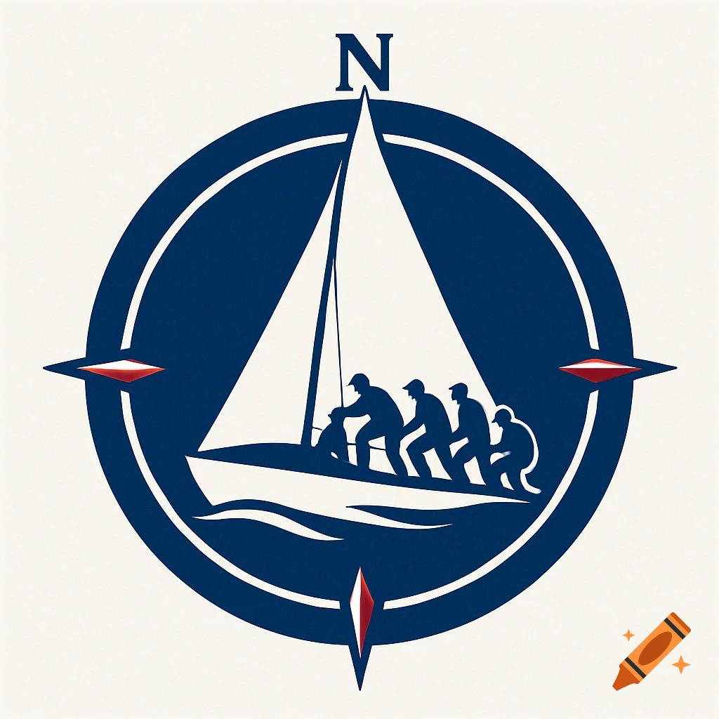 Logo of sailboat and crew silhouette inside a blue compass circle with N marker.