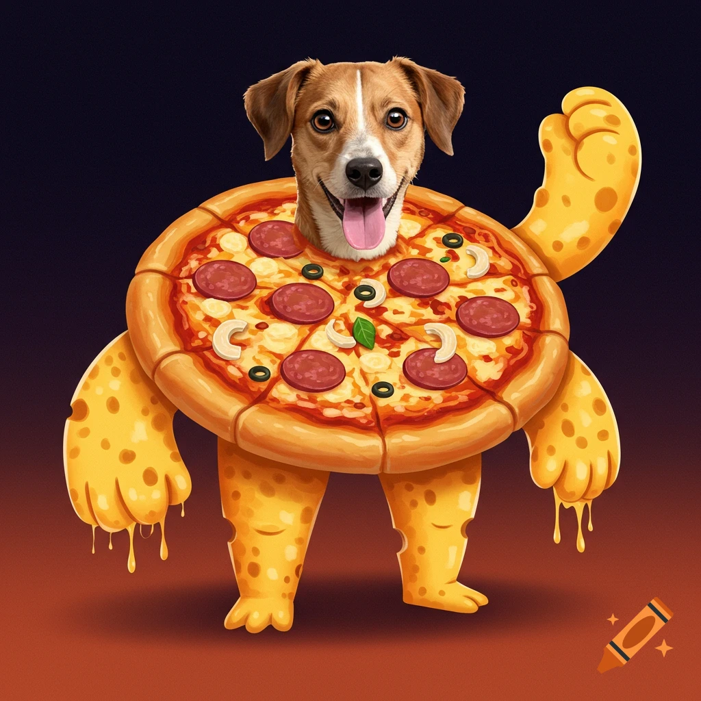 A cartoon dog with a pizza body and cheese limbs stands on a dark background.