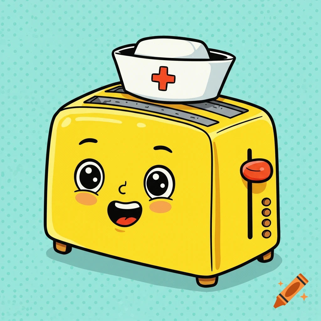 Cartoon yellow toaster with a face wearing a nurse's cap