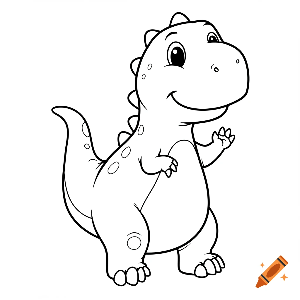 Black and white line drawing of a cute cartoon dinosaur standing and waving.