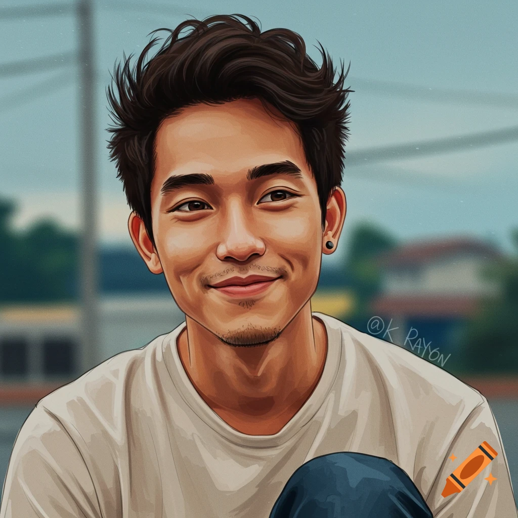 Stylized portrait of a smiling man.