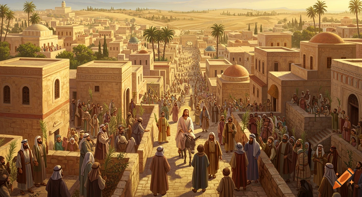Jesus rides a donkey into a crowded ancient city street as people wave palm branches, painting style.