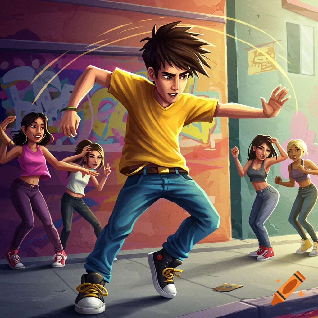 Cartoon of young people street dancing in front of a graffiti wall.