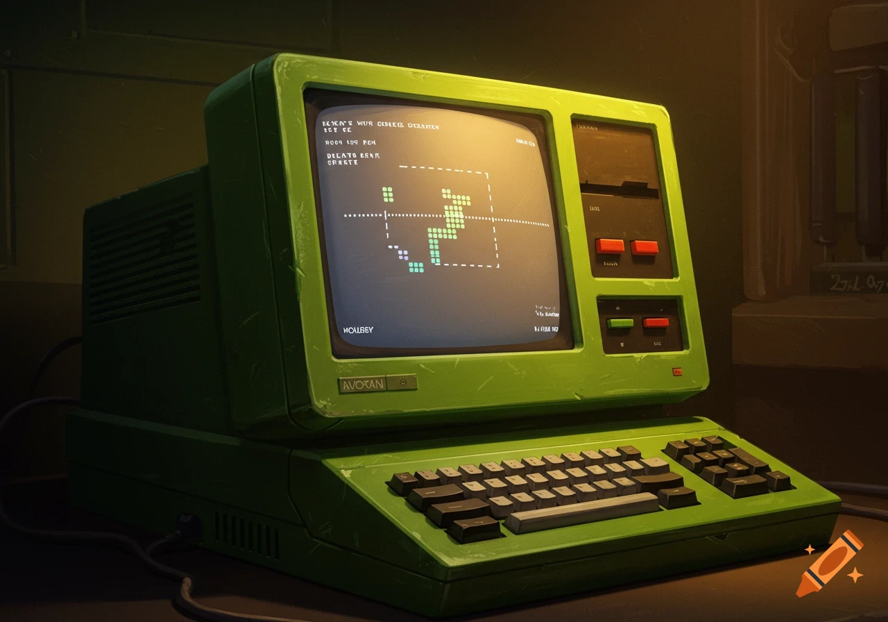 A green retro computer with pixel art on the screen