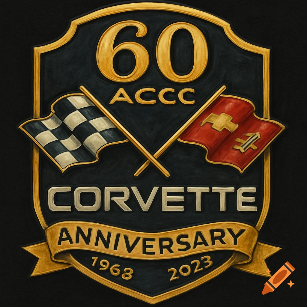 Black and gold emblem for Corvette 60th Anniversary, featuring numbers '60', text 'ACCC CORVETTE ANNIVERSARY', crossed flags, and dates '1963 2023'.
