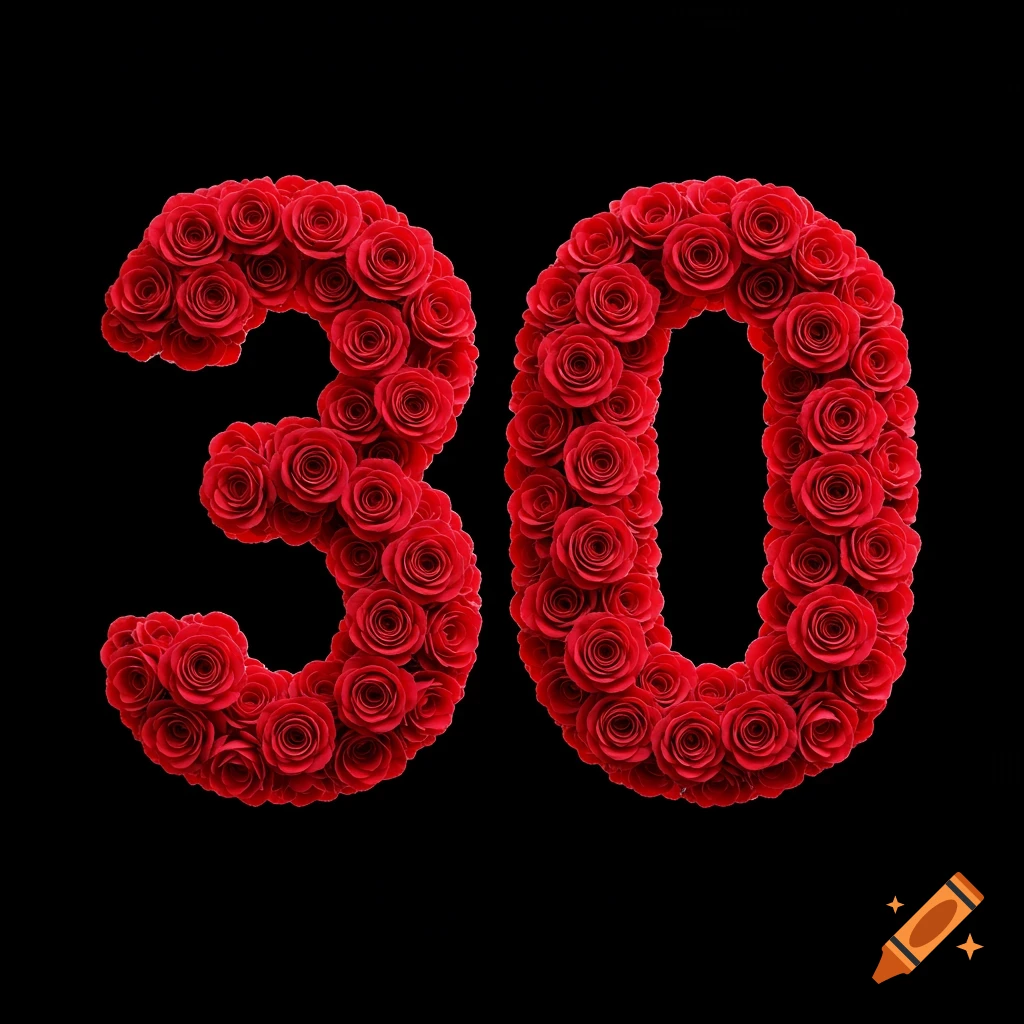 The number 30 formed by red roses on a black background.
