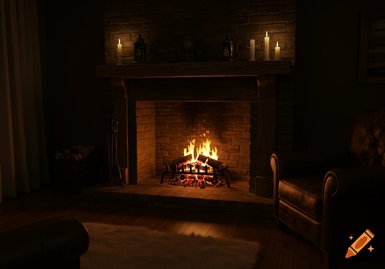 Cozy fireplace scene with fire, candles, and armchair in a dimly lit room.