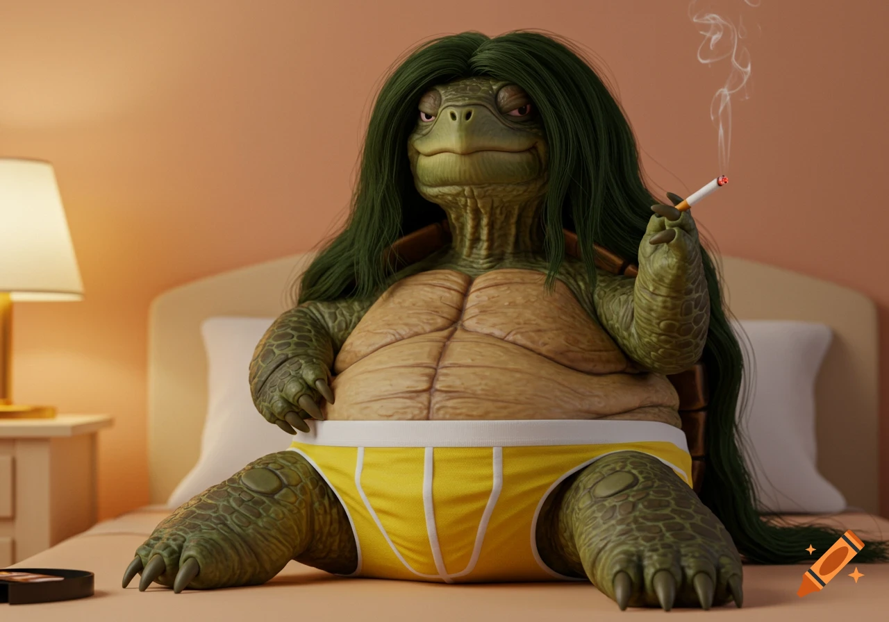 A turtle with long green hair sits on a bed wearing yellow underwear and smoking a cigarette.