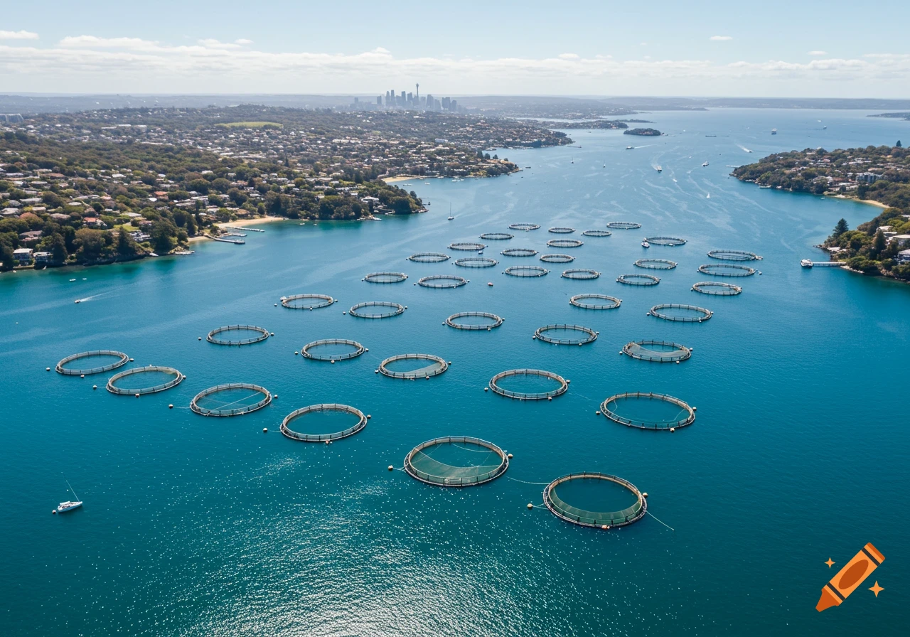 Aerial view of many circular fish farms in a bay with houses and a city skyline along the shore.