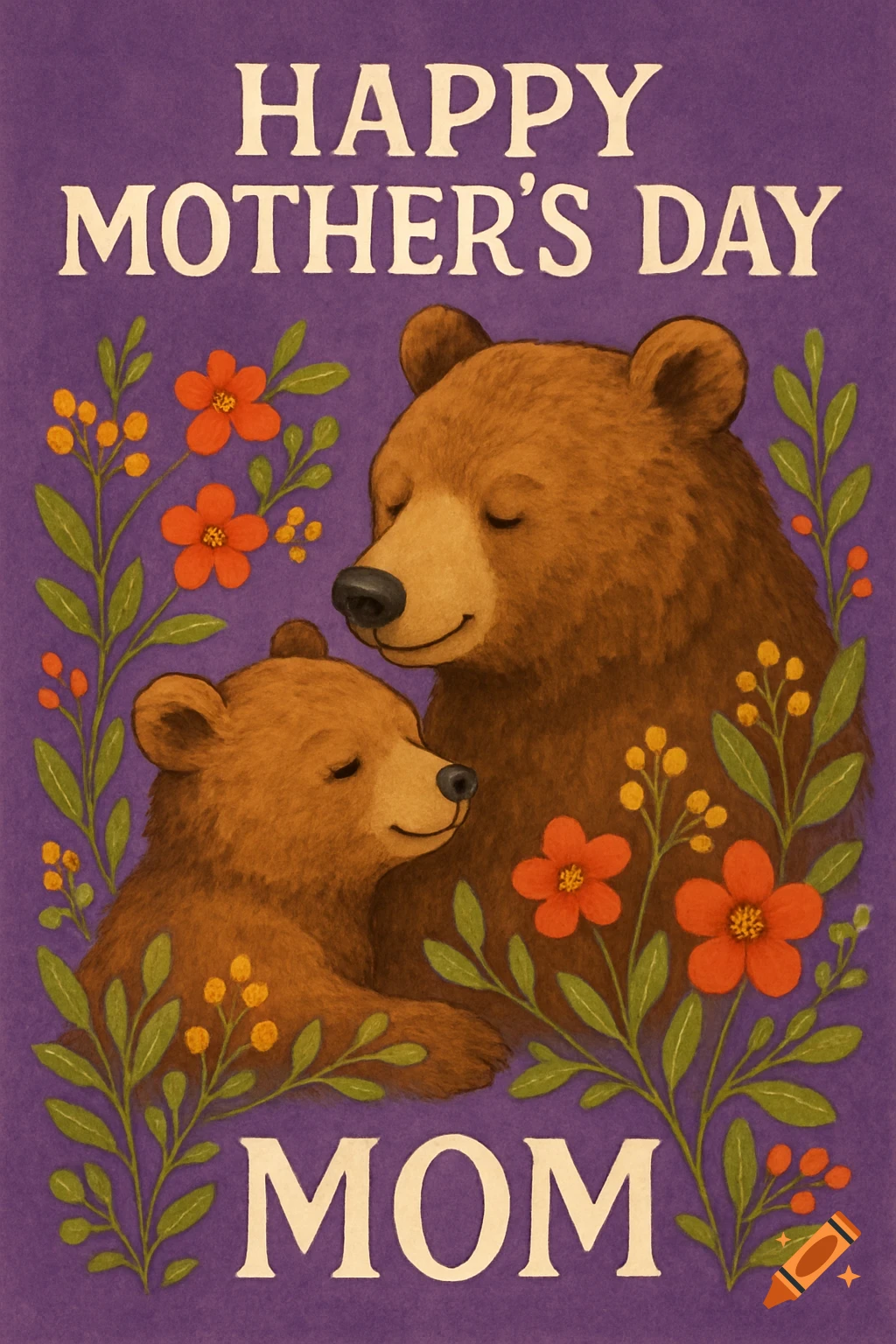 Illustration of two brown bears surrounded by flowers and plants with text 'Happy Mother's Day Mom' on a purple background.
