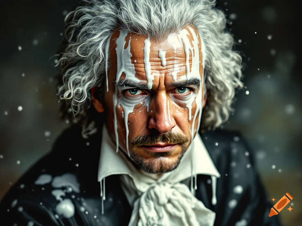 Dramatic portrait of a man with white liquid dripping down his face, photorealistic style.