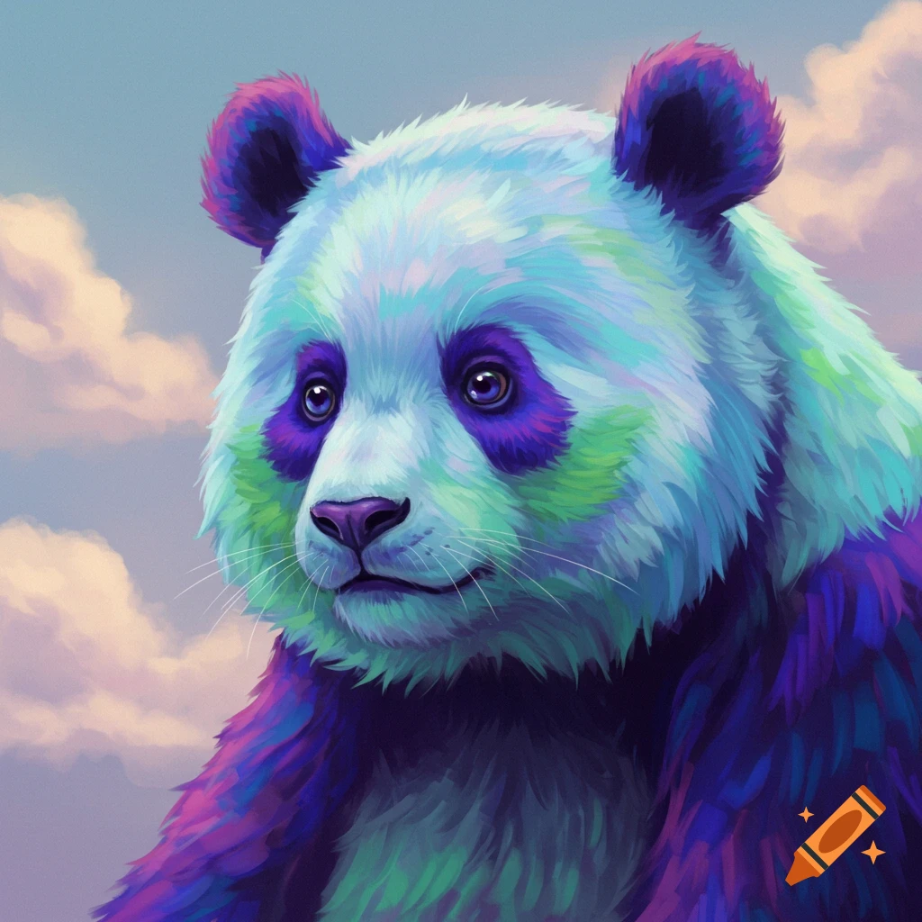 A colorful panda with blue, green, and purple fur looks forward.