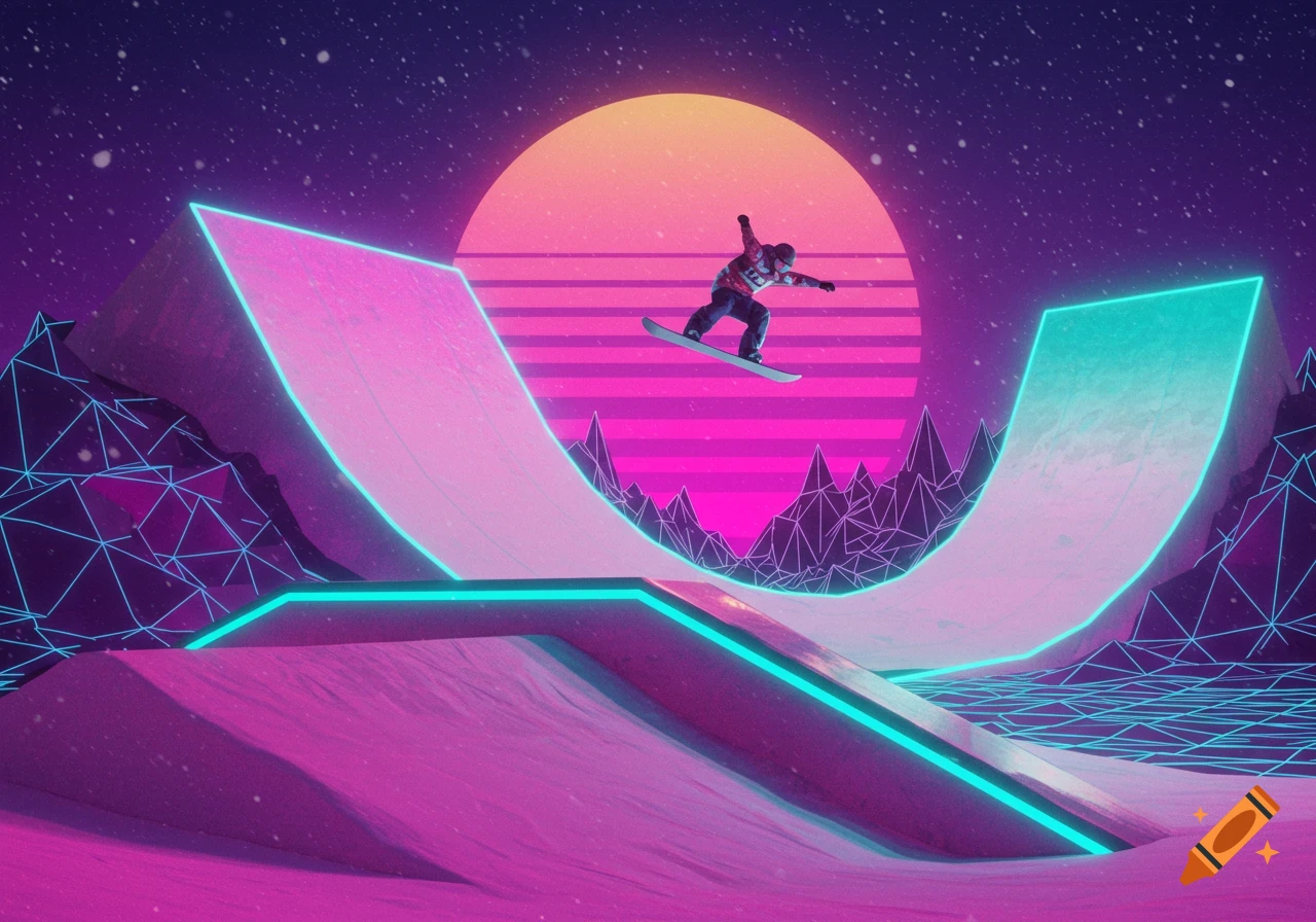 Vaporwave style image of a snowboarder jumping over a geometric half-pipe against a retro sunset backdrop.