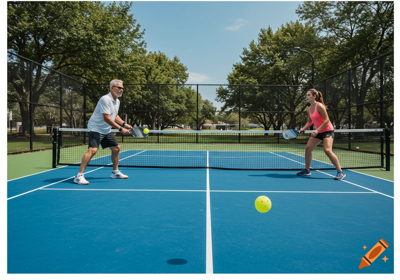 Two people playing pickleball on a blue court outdoors.