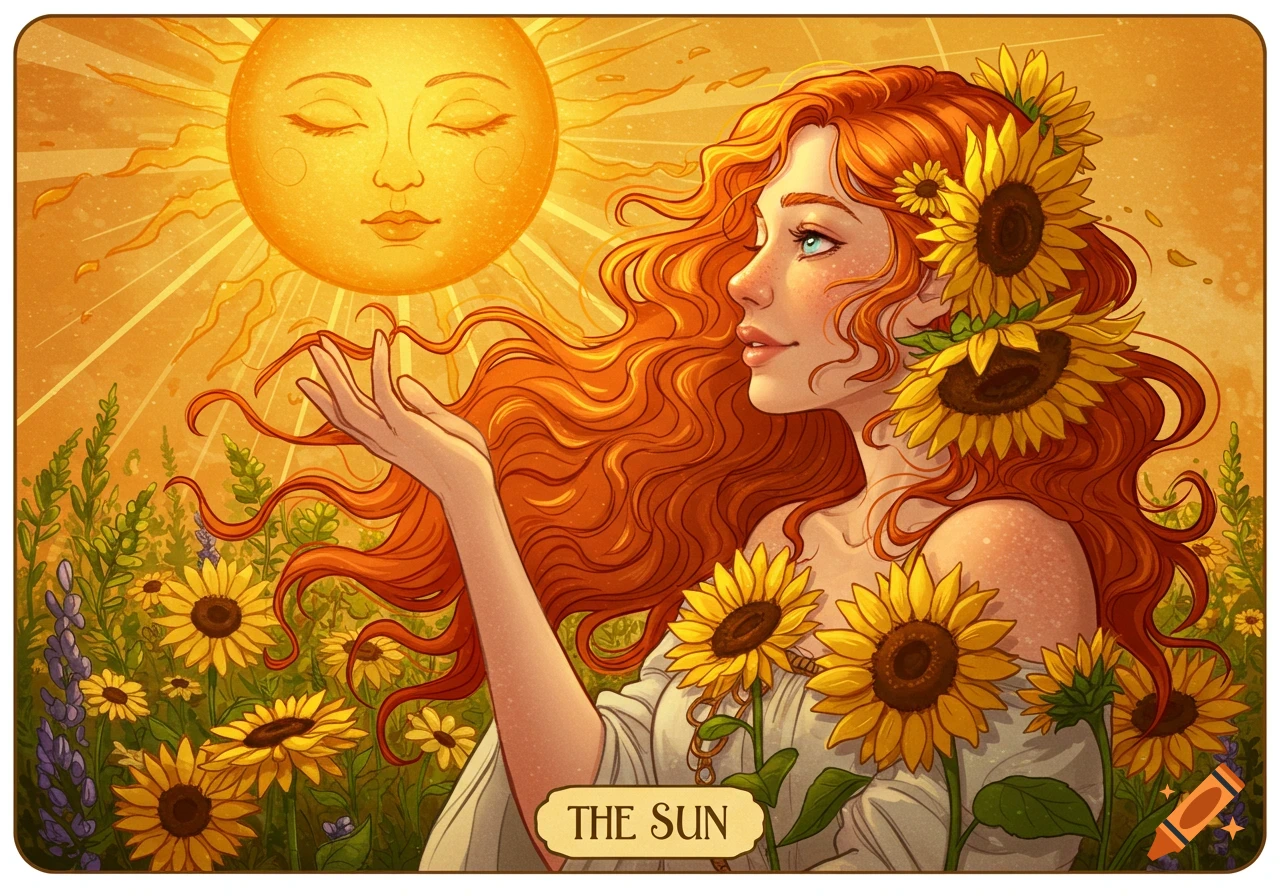 Illustration of a red-haired woman reaching towards a sun with a face, surrounded by sunflowers, text reads 'THE SUN'
