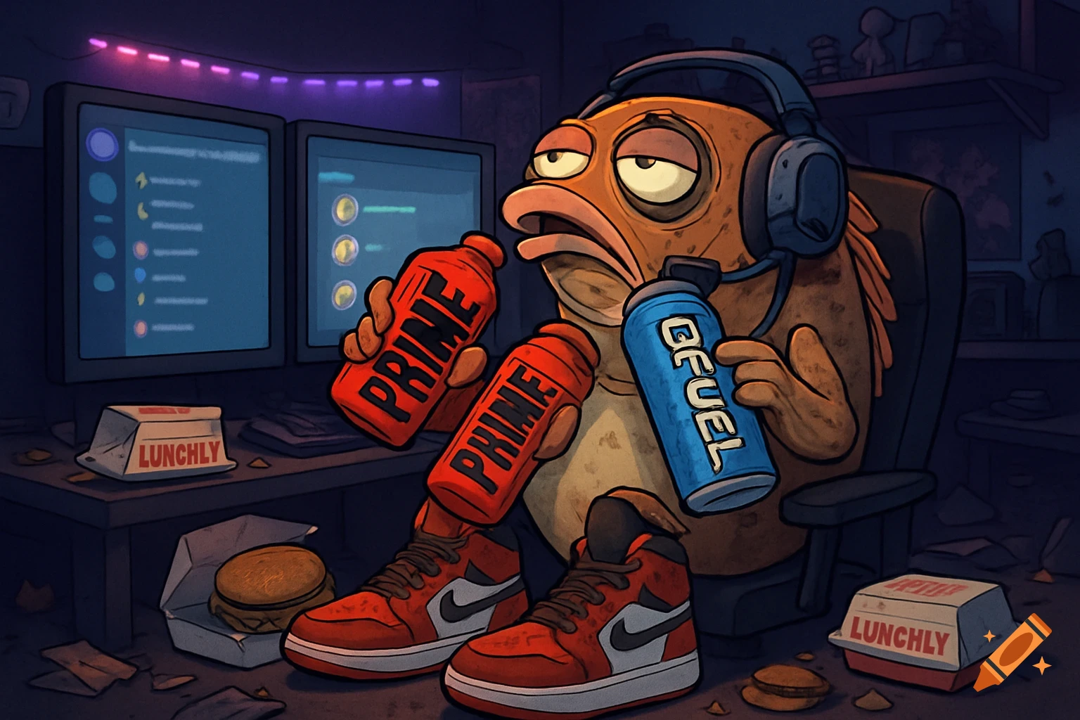 Cartoon fish in a headset sitting at a messy desk with monitors, drinking Prime and GFuel.