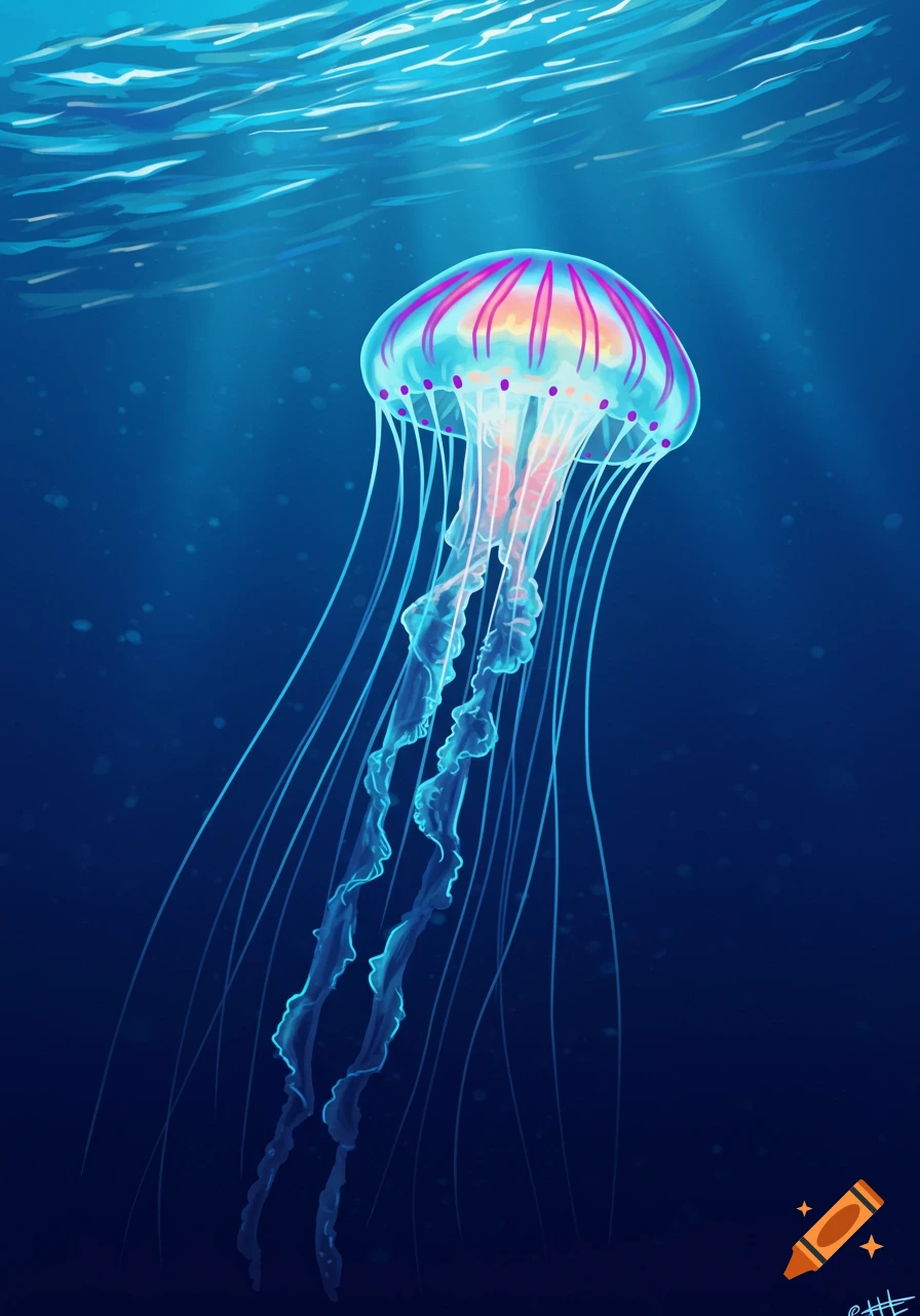 A glowing jellyfish swims in deep blue water.