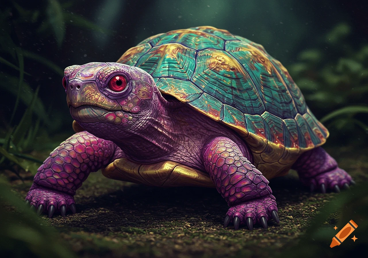 Detailed close-up of a colorful purple and green turtle on the ground.