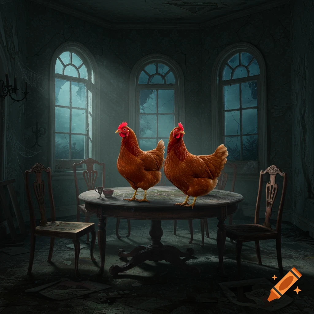 Two chickens stand on a table in a dark, spooky room with large windows.