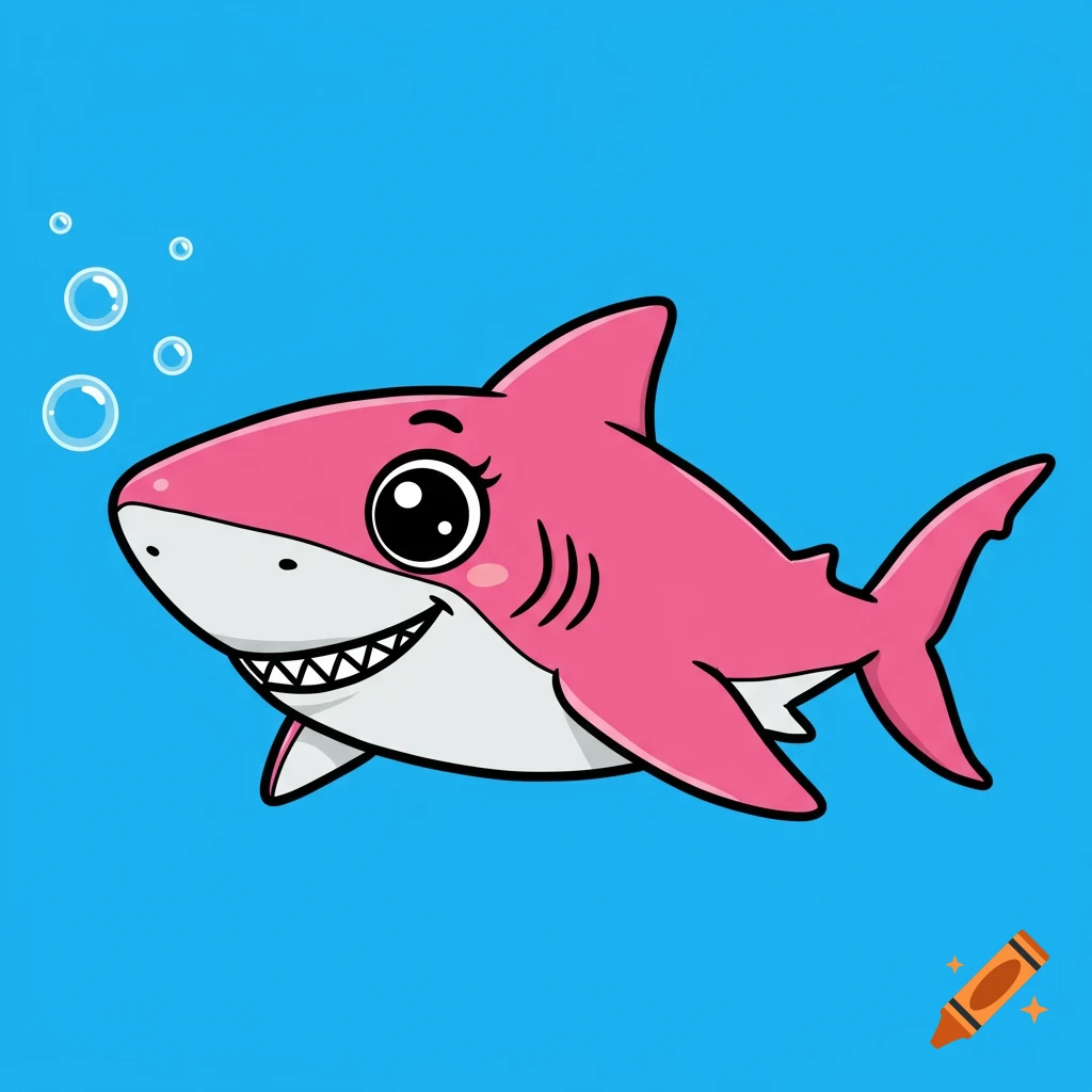 A cute cartoon pink shark swims in blue water with bubbles.