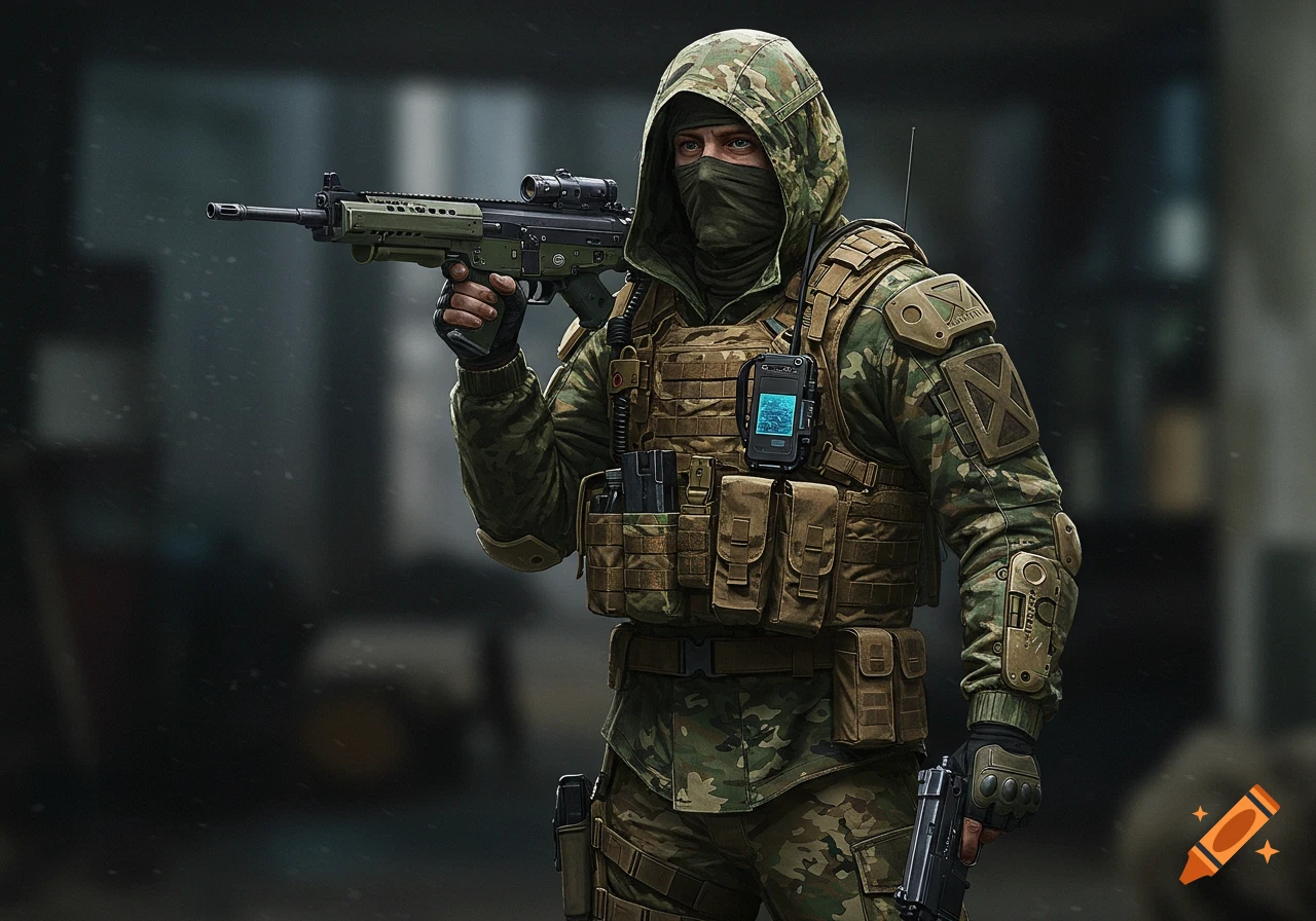 Stealthy special operative in tactical gear and camouflage holding rifle and pistol