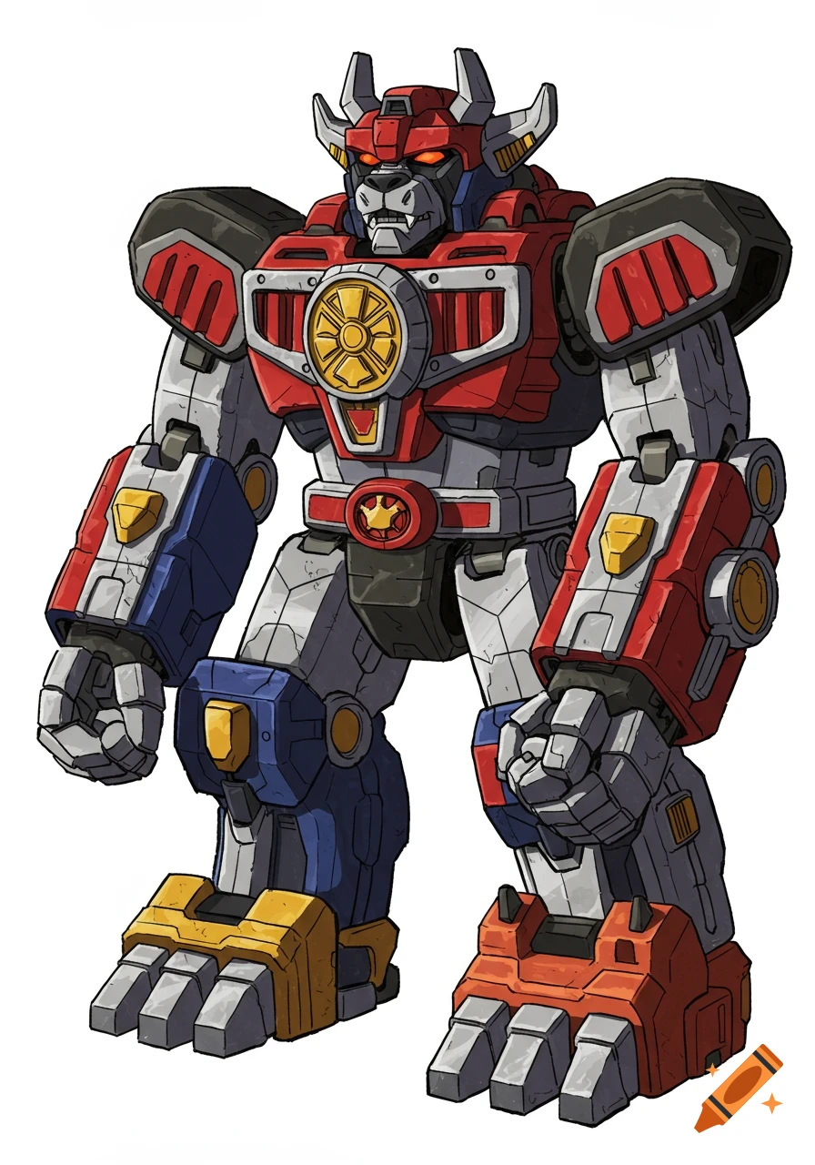 An illustrated robot gorilla megazord in red, blue, grey, and yellow.