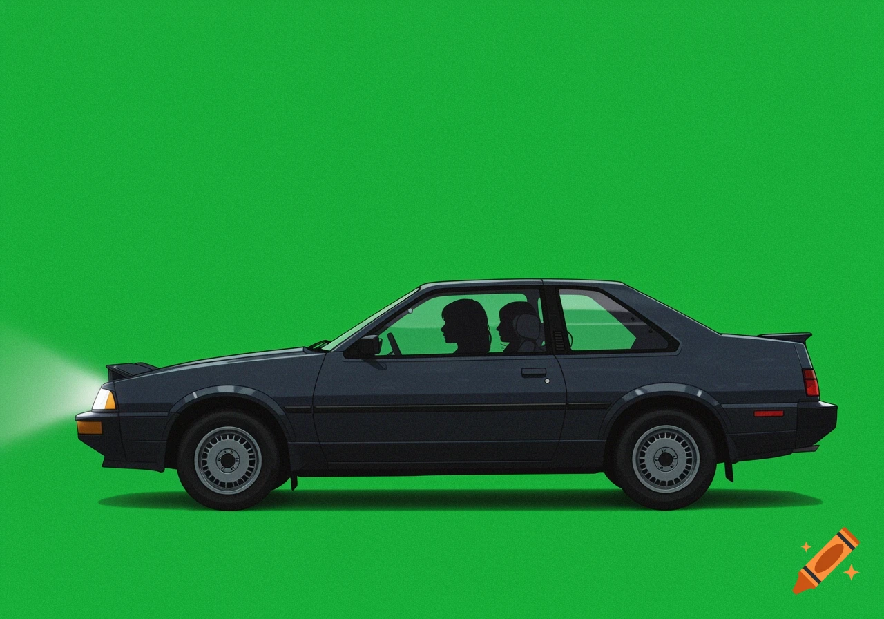 Black 80s car with silhouetted passengers and pop-up headlights against a green background, illustration.