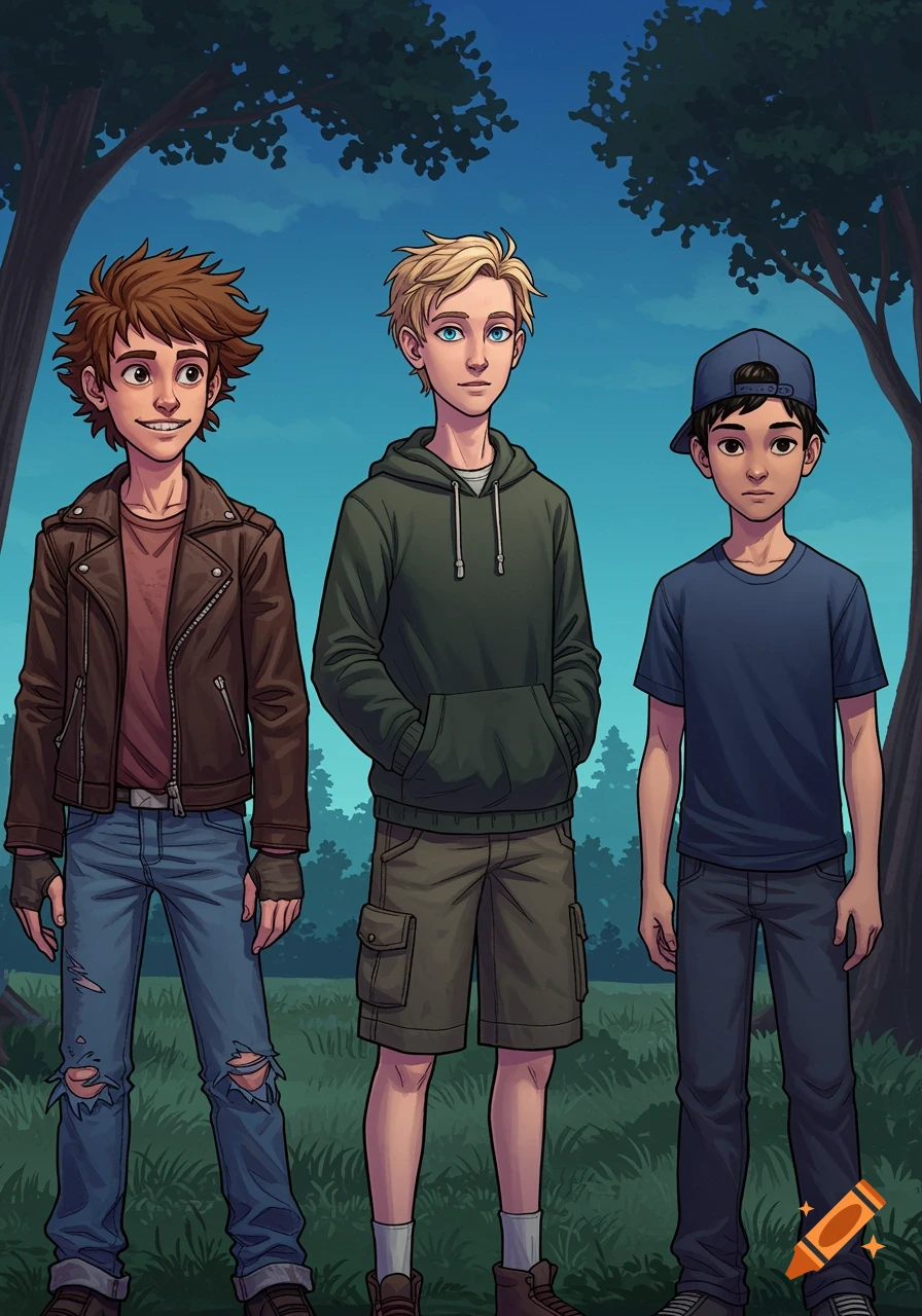 Three teenage boys standing together in a forest clearing, illustration style.