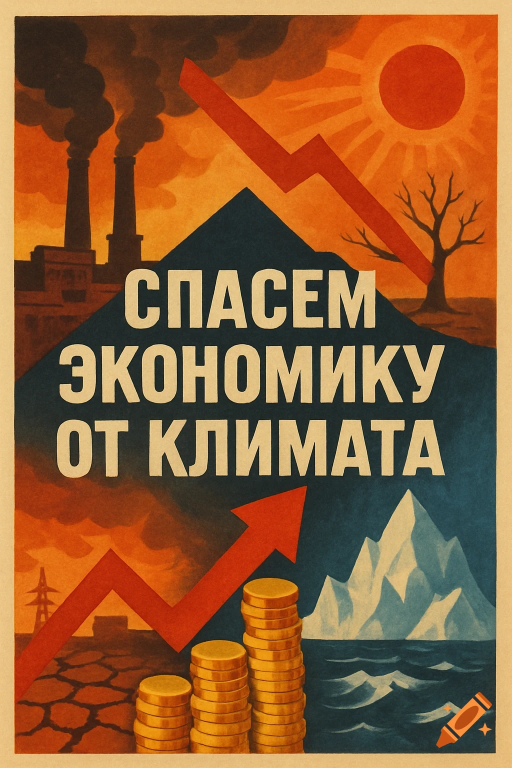 Propaganda poster depicting industry, drought, and decline vs. coins, iceberg, and growth, with Russian text.