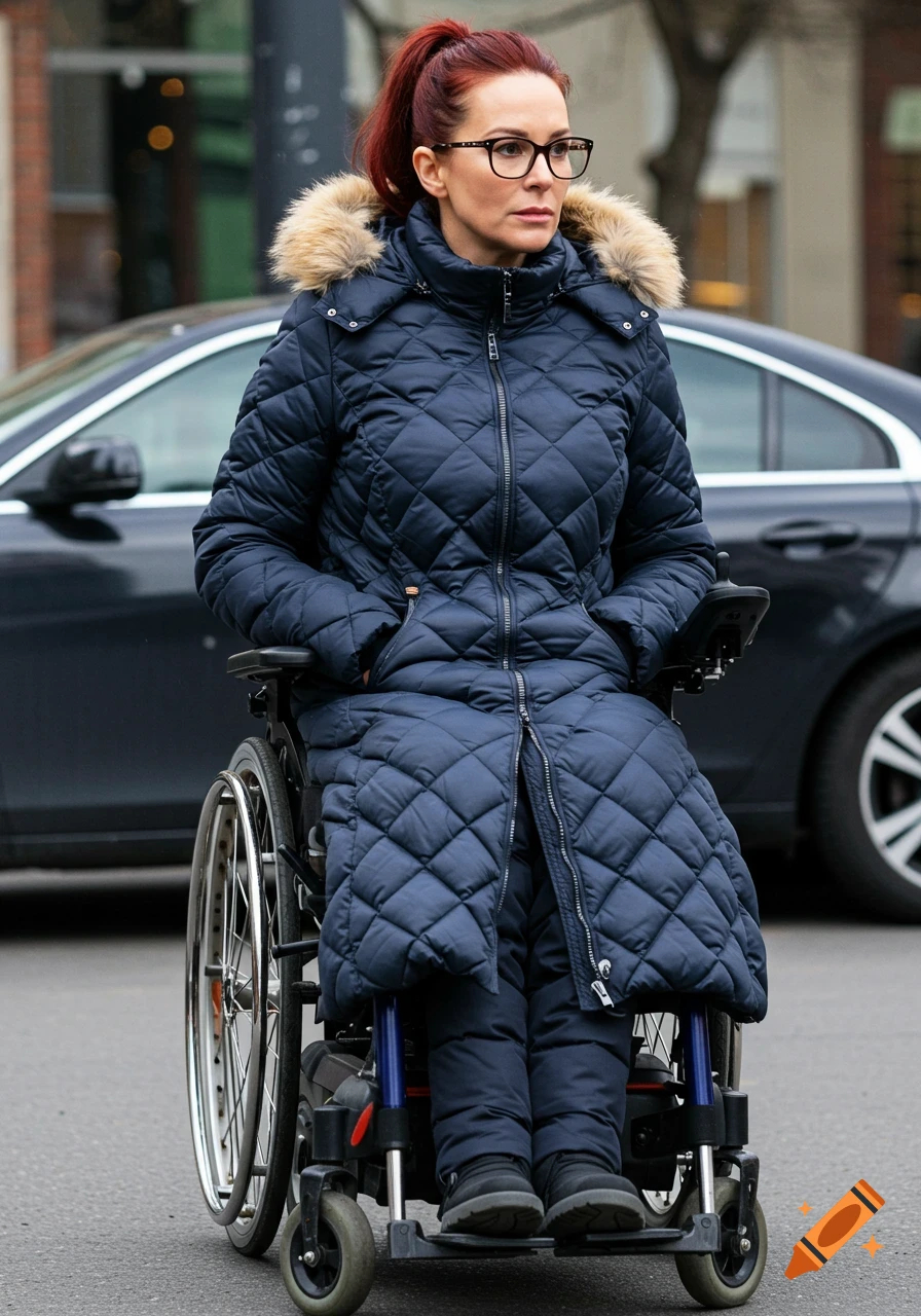 Woman in a wheelchair wearing a quilted winter coat on a street