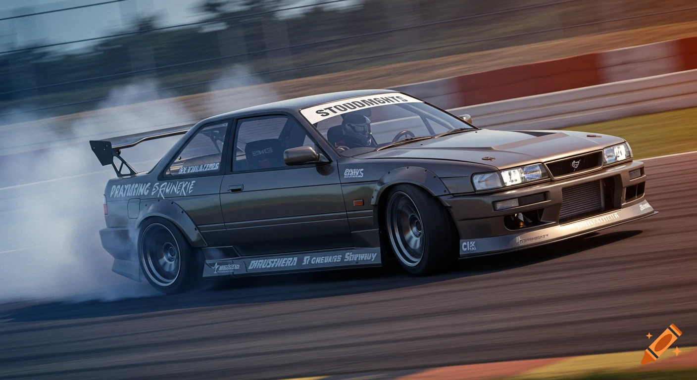 Grey drift car smoking on a racetrack