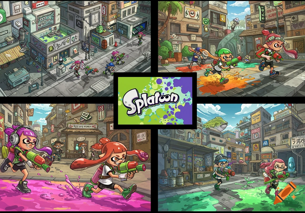 Multiple scenes of Splatoon characters battling with ink in urban maps, with the Splatoon logo in the center.