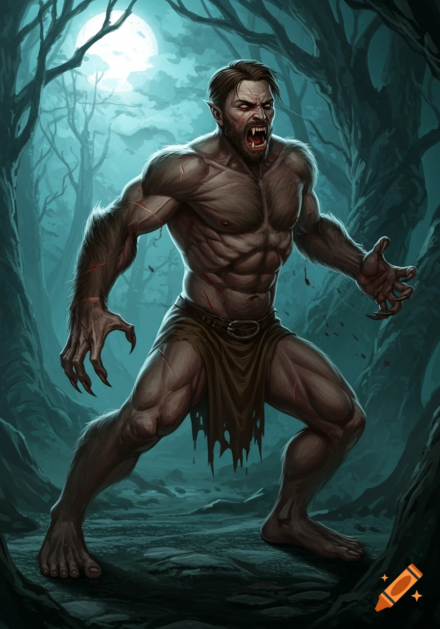 Stylized illustration of a muscular man transforming into a werewolf in a dark forest under a full moon.