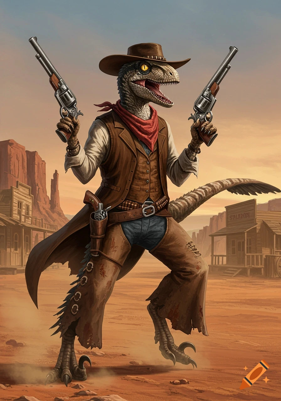 A Utahraptor dinosaur dressed as a cowboy holds two revolvers in a dusty wild west town.