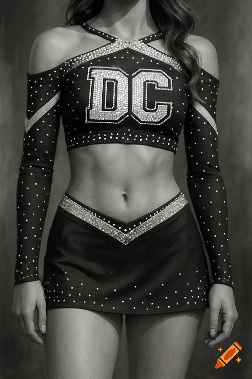 Black and white image of a person wearing a cheerleading uniform with rhinestones and a DC logo.