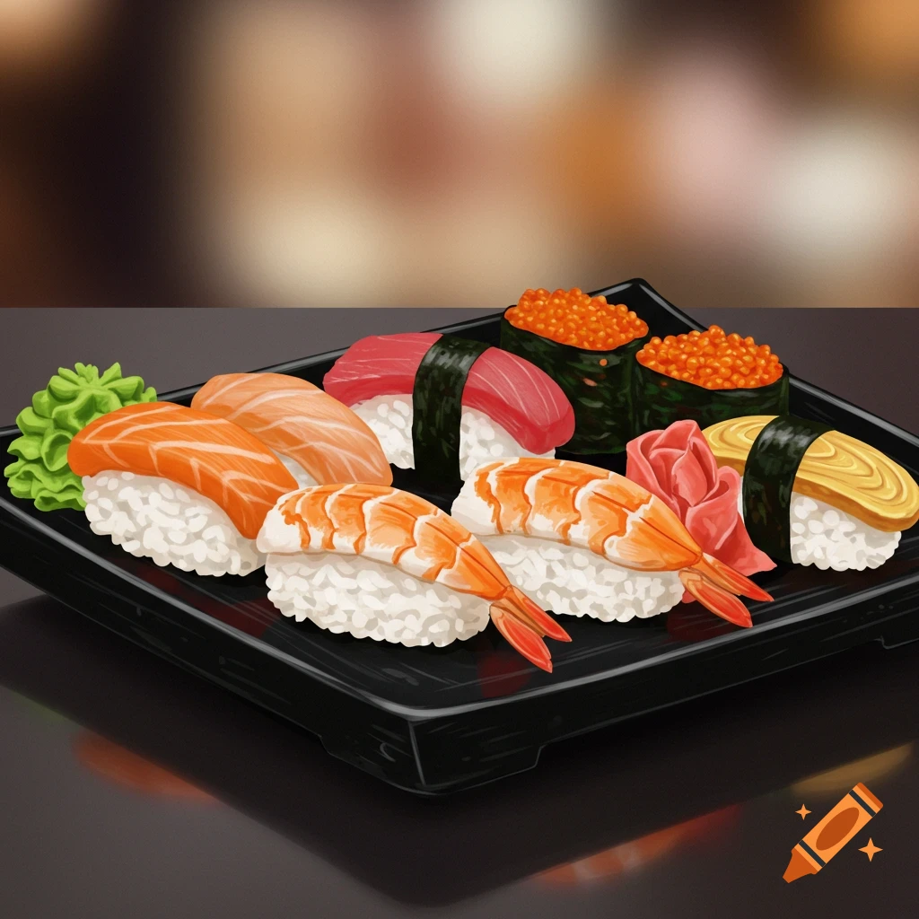 Plate of various types of sushi including salmon, tuna, shrimp, tamago, and roe.